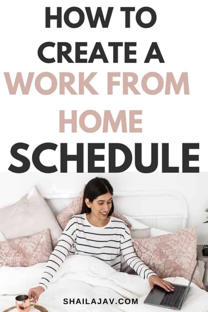 A woman seated on a bed with a laptop and a coffee cup next to her in a work from home setting