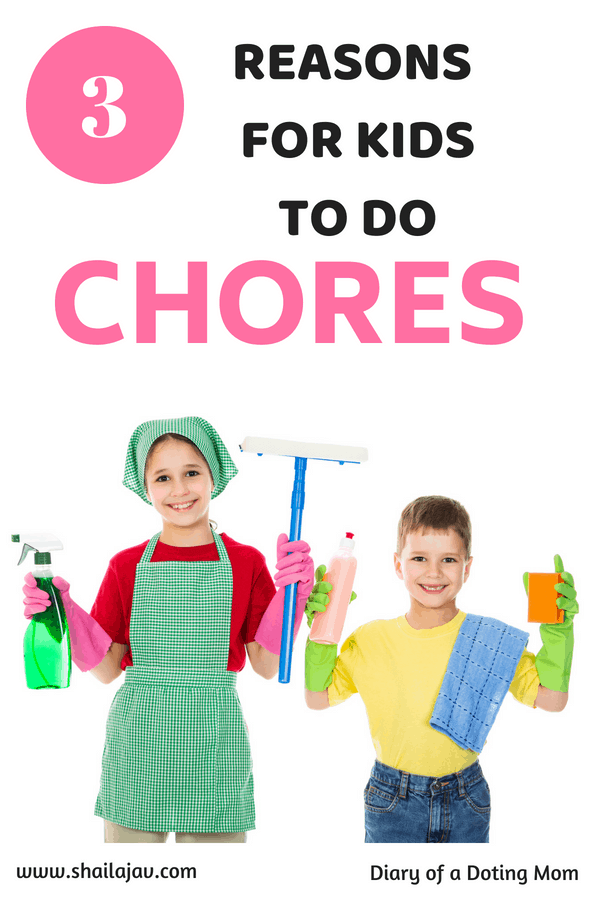 Kids holding up cleaning materials and smiling. Chores for kids and why they need to do them.