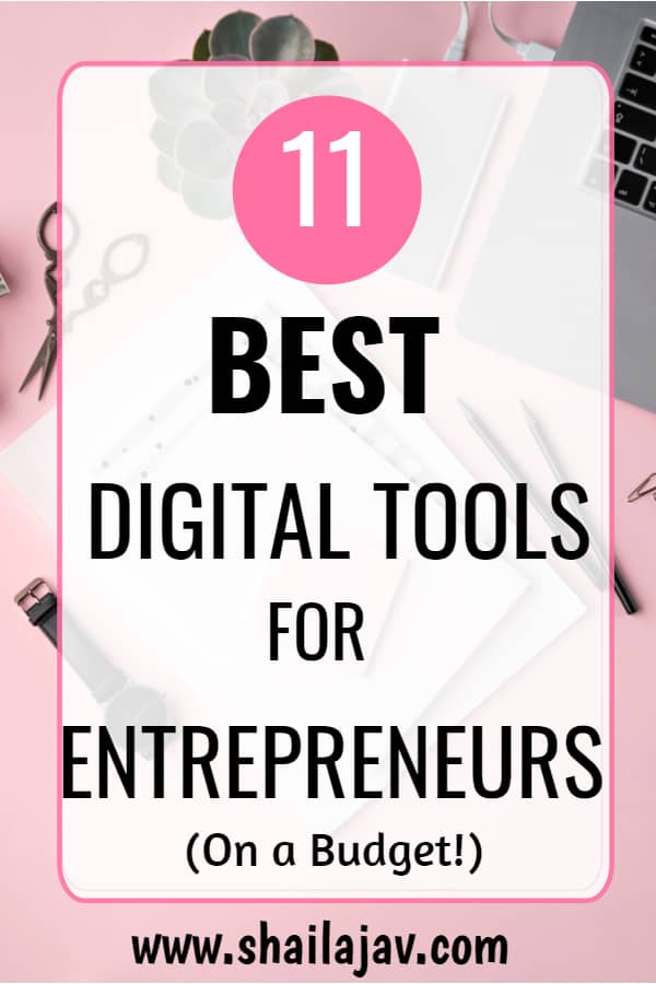 Pink background with laptop and diary. Showcasing 11 digital tools for entrepreneurs