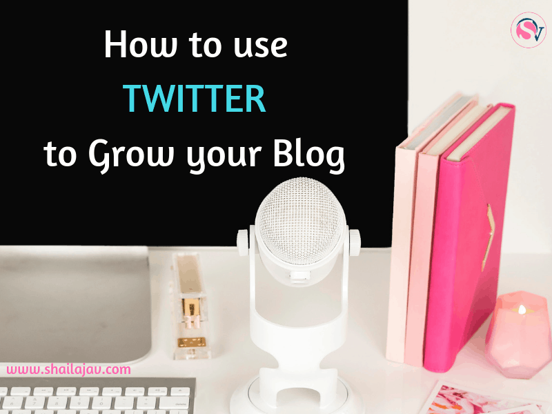 9 Ways you can use Twitter to Grow your blog. Social Media Tips on a black background laptop next to a microphone, keyboard and books on a desk.