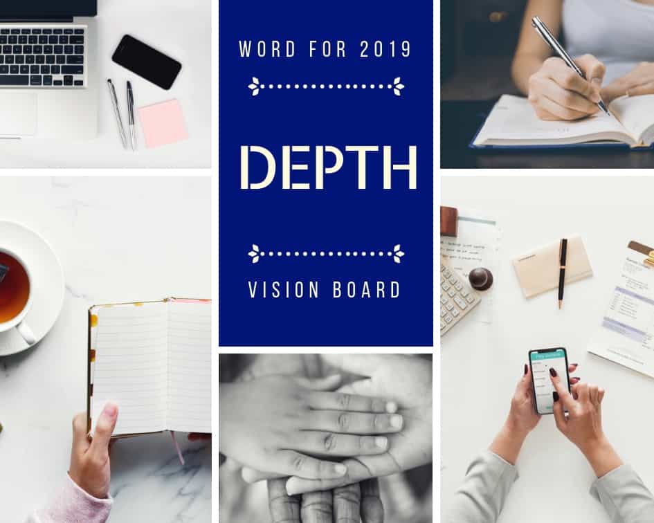 Vision Board and Word of the Year for 2019. Collage representing things that matter with the word 'Depth' at the centre.