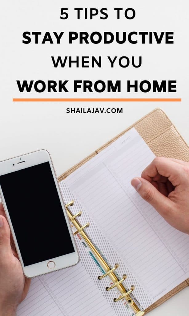 Mobile phone and diary flatlay with the text overlay: 5 tips to stay productive when you work from home