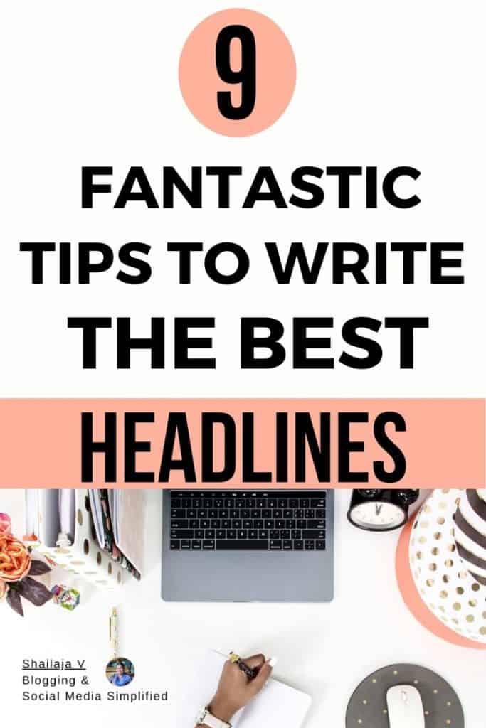 Desk with a laptop, hats, journals and roses with a woman writing in a notepad about crafting the best headlines for articles.