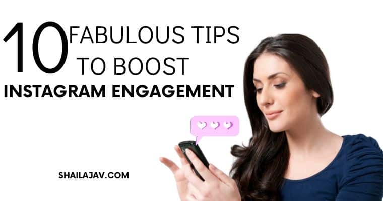 Woman looking at her phone and smiling;Text overlay refers to how to boost engagement on Instagram