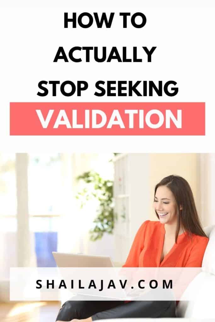 Woman in a red blouse seated on a couch with a laptop open before her. Text overlay reads How to Actually Stop Seeking Validation
